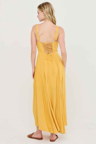 Boned Bodice Midi Dress - Spaghetti Strap Tie Back