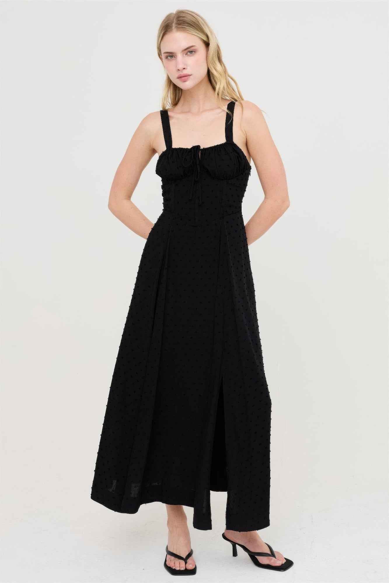 Boned Bodice Midi Dress - Spaghetti Strap Tie Back