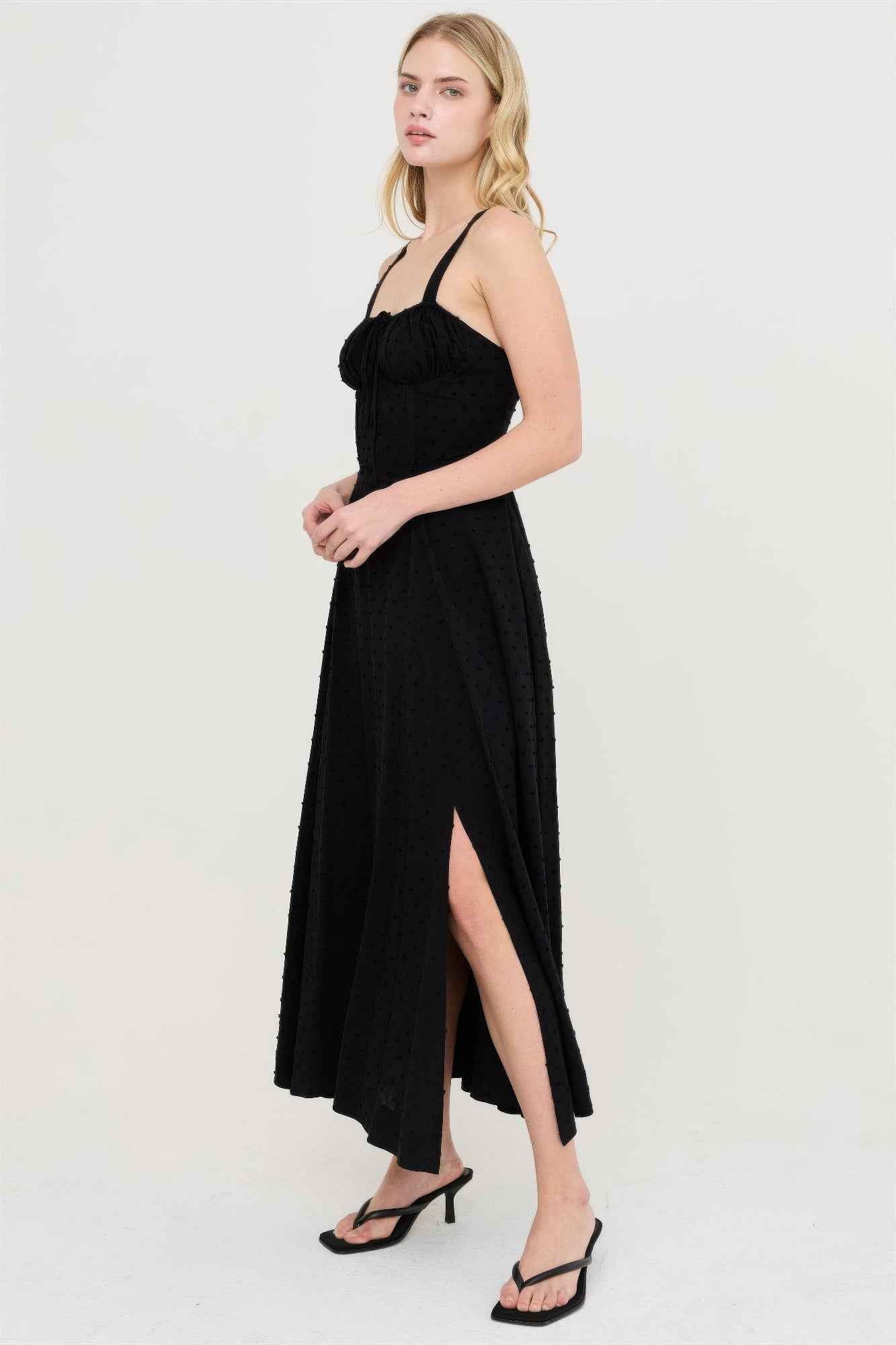 Boned Bodice Midi Dress - Spaghetti Strap Tie Back
