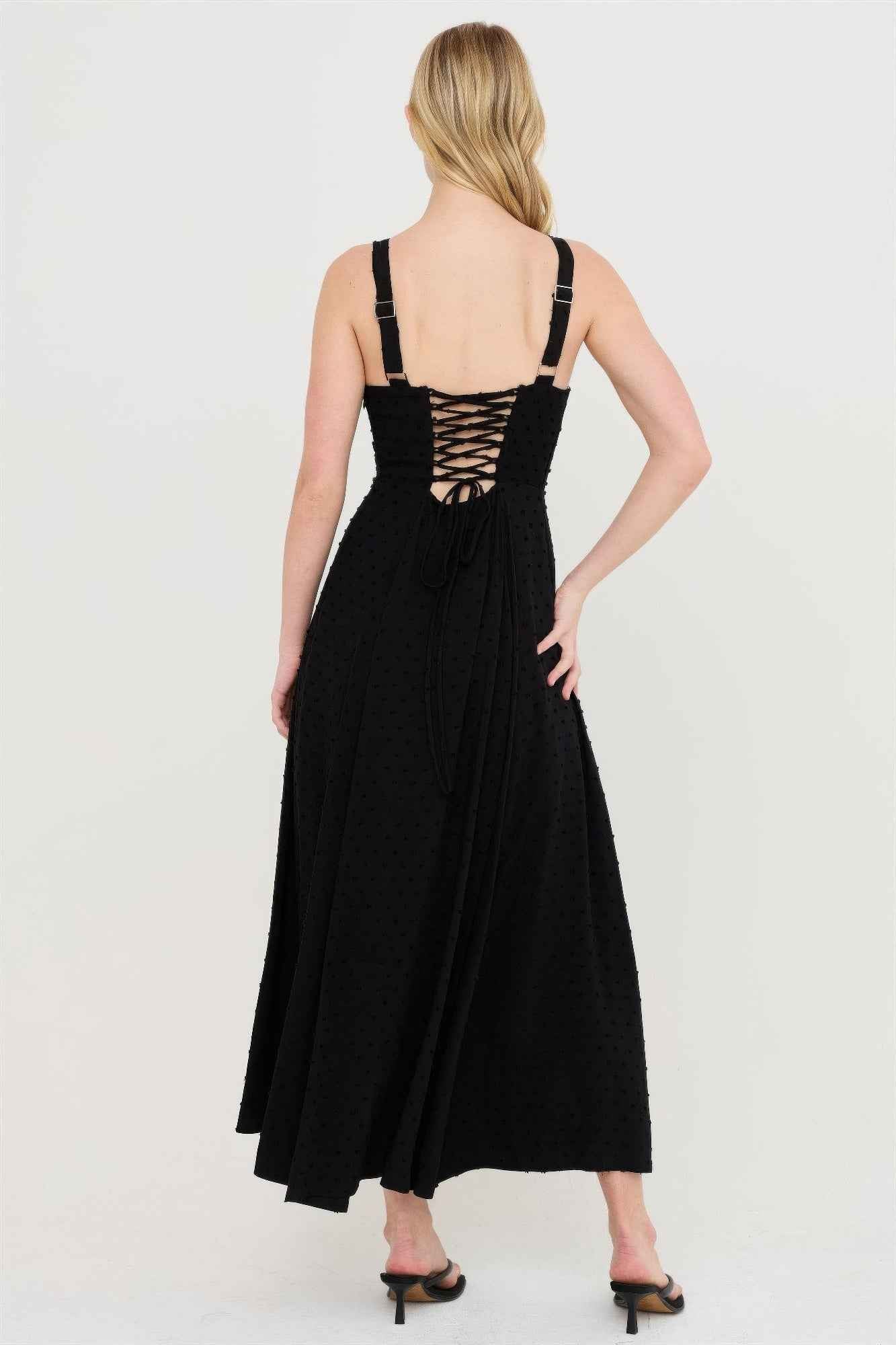 Boned Bodice Midi Dress - Spaghetti Strap Tie Back