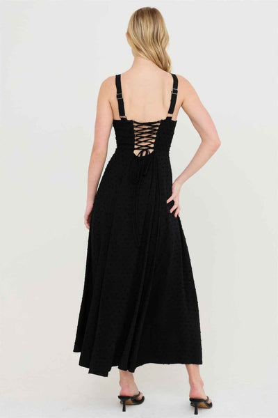 Boned Bodice Midi Dress - Spaghetti Strap Tie Back