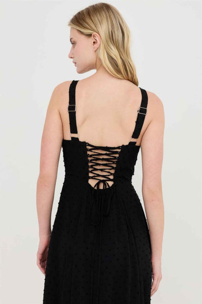 Boned Bodice Midi Dress - Spaghetti Strap Tie Back