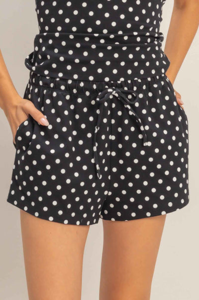 Polka Dot Drawstring Shorts - Elastic Waist Pocketed