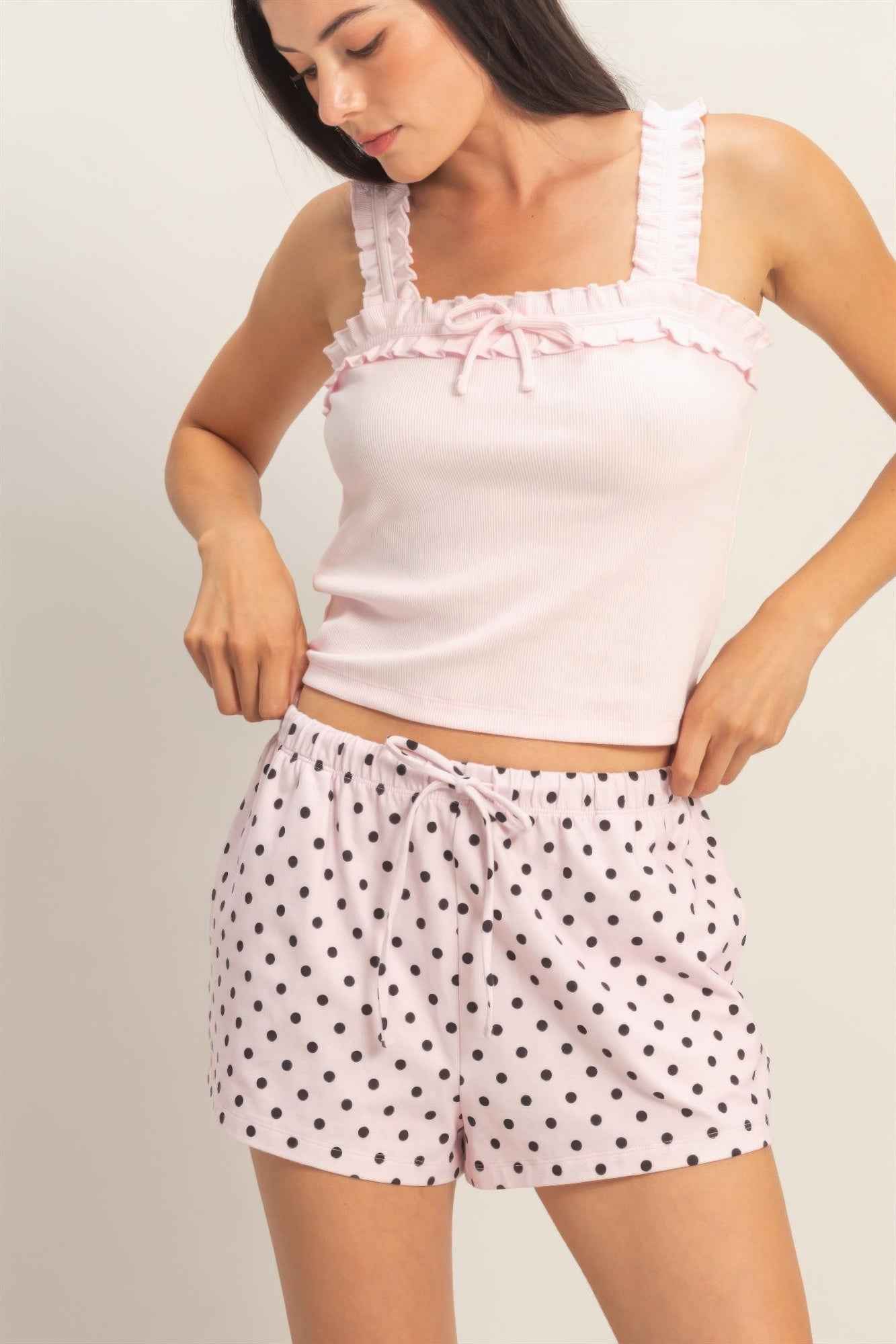 Polka Dot Drawstring Shorts - Elastic Waist Pocketed