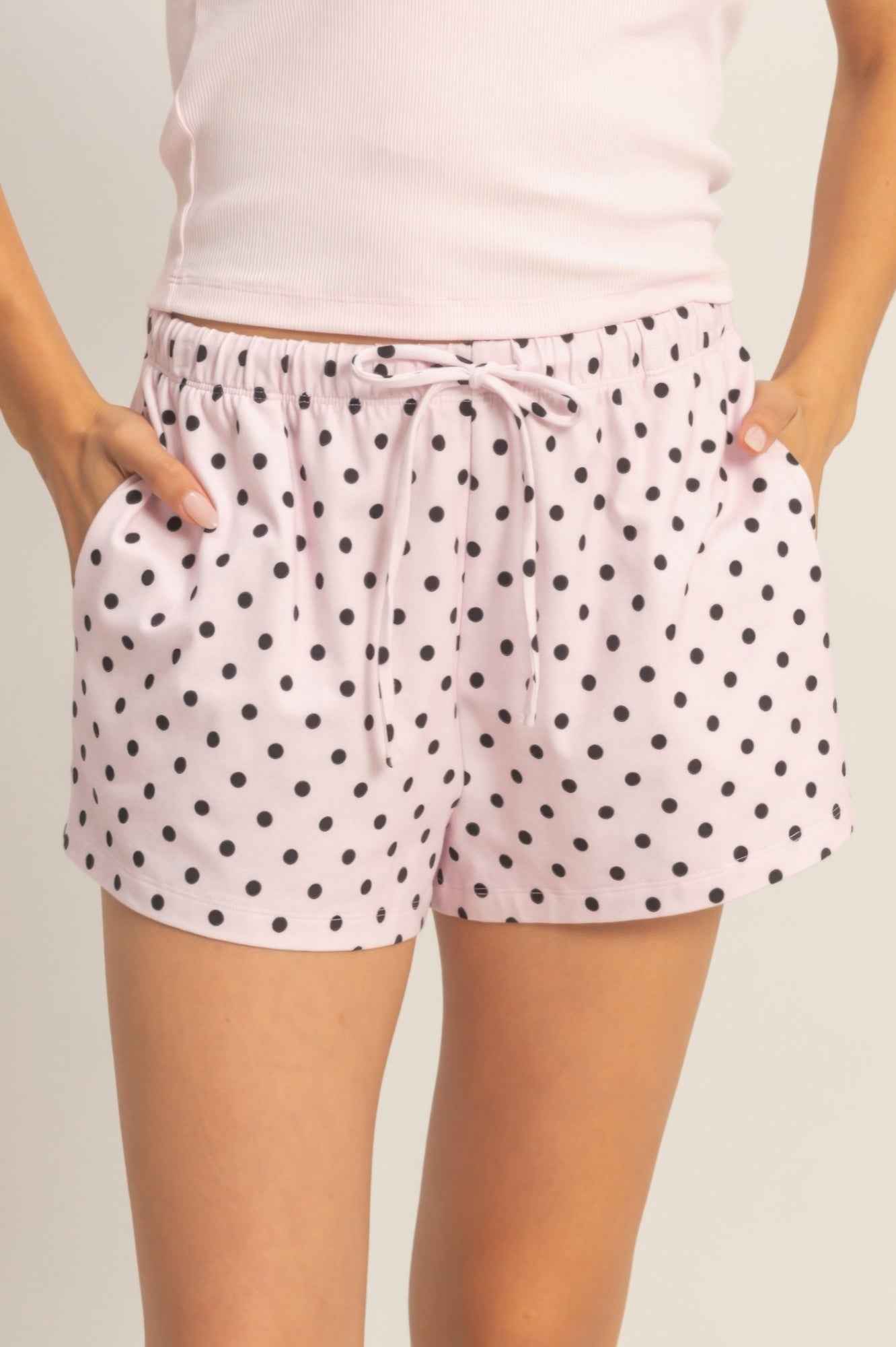 Polka Dot Drawstring Shorts - Elastic Waist Pocketed