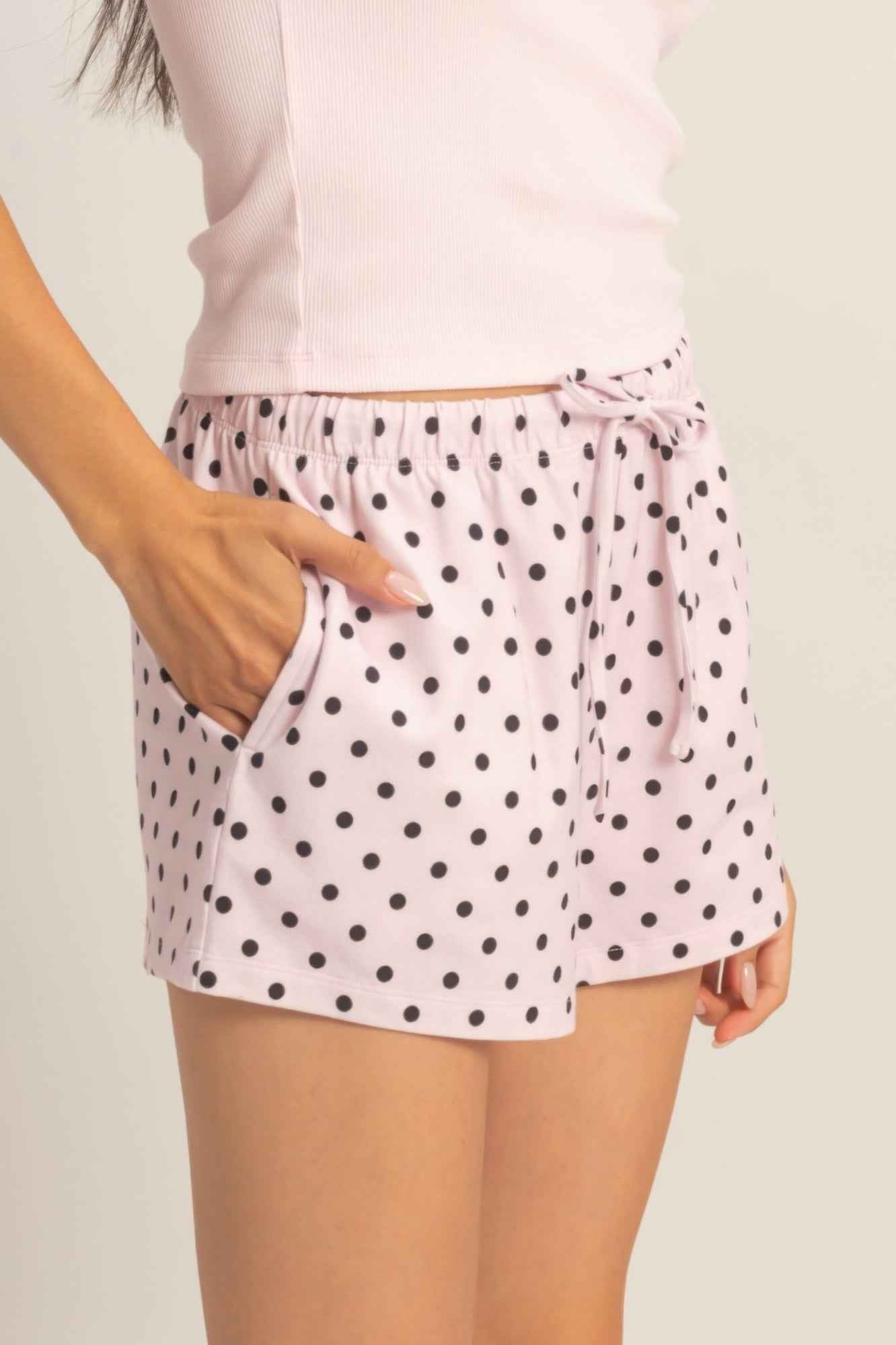 Polka Dot Drawstring Shorts - Elastic Waist Pocketed