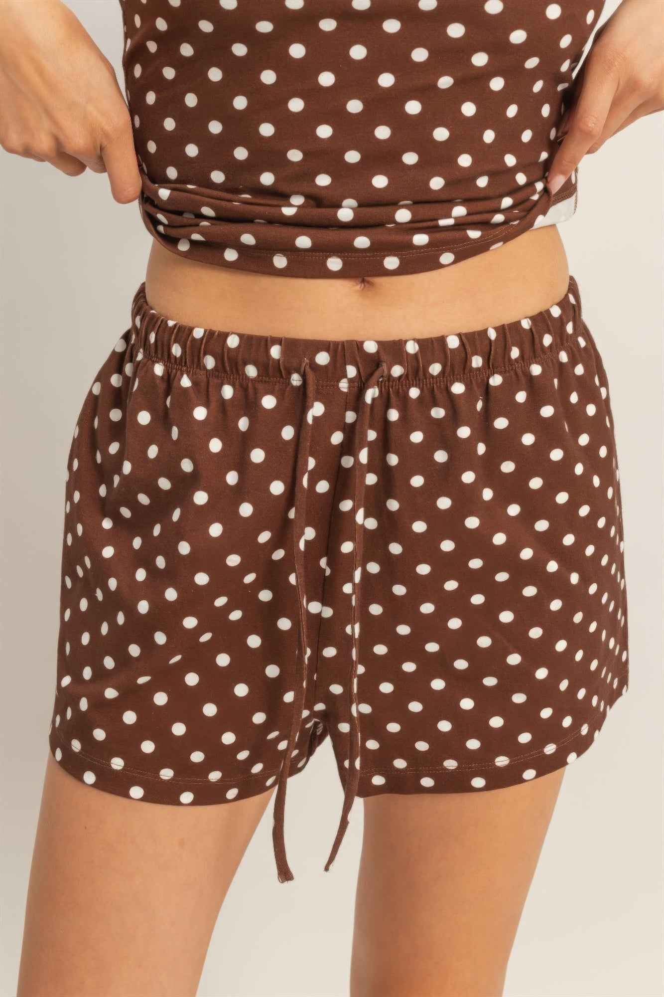 Polka Dot Drawstring Shorts - Elastic Waist Pocketed