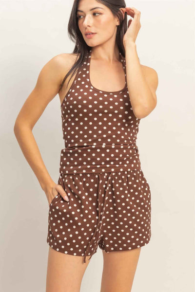 Polka Dot Drawstring Shorts - Elastic Waist Pocketed