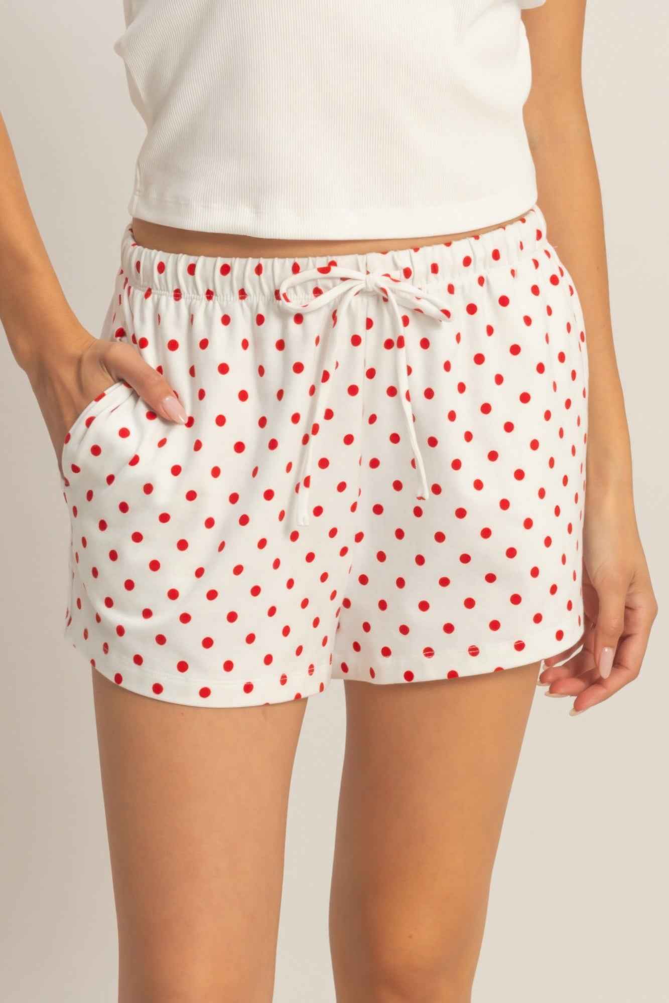 Polka Dot Drawstring Shorts - Elastic Waist Pocketed