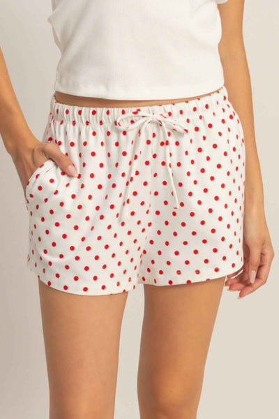 Polka Dot Drawstring Shorts - Elastic Waist Pocketed