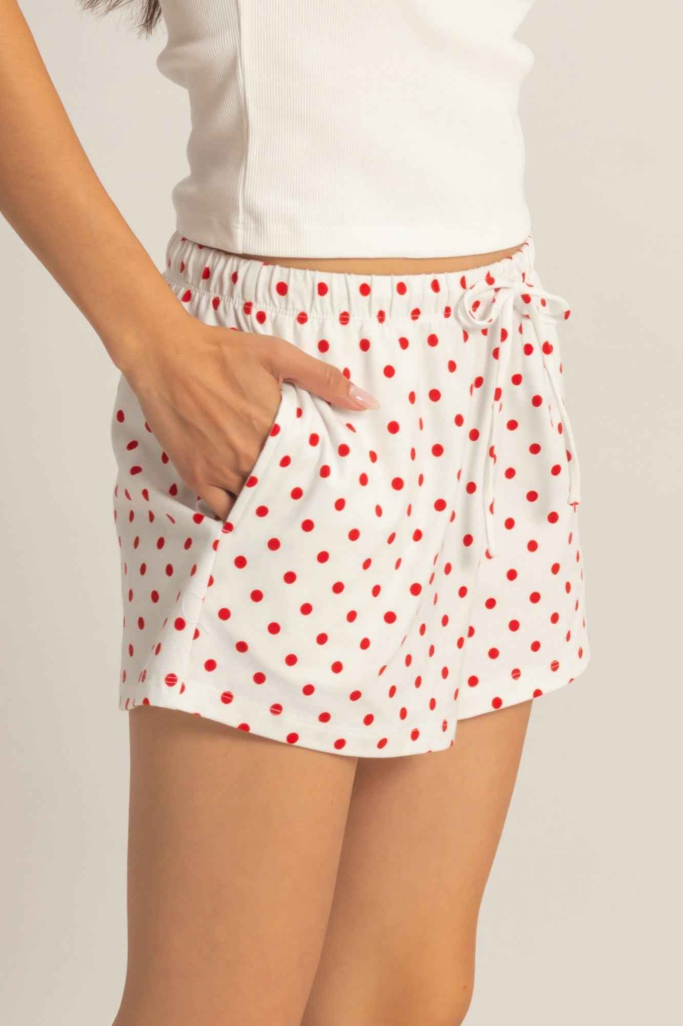 Polka Dot Drawstring Shorts - Elastic Waist Pocketed