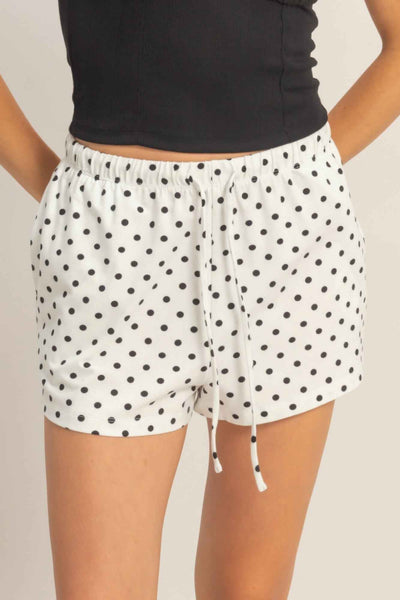 Polka Dot Drawstring Shorts - Elastic Waist Pocketed