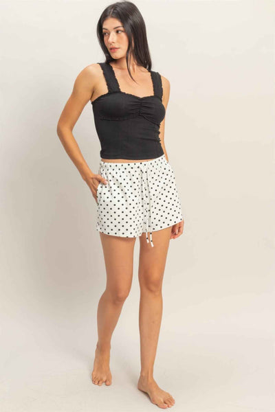 Polka Dot Drawstring Shorts - Elastic Waist Pocketed