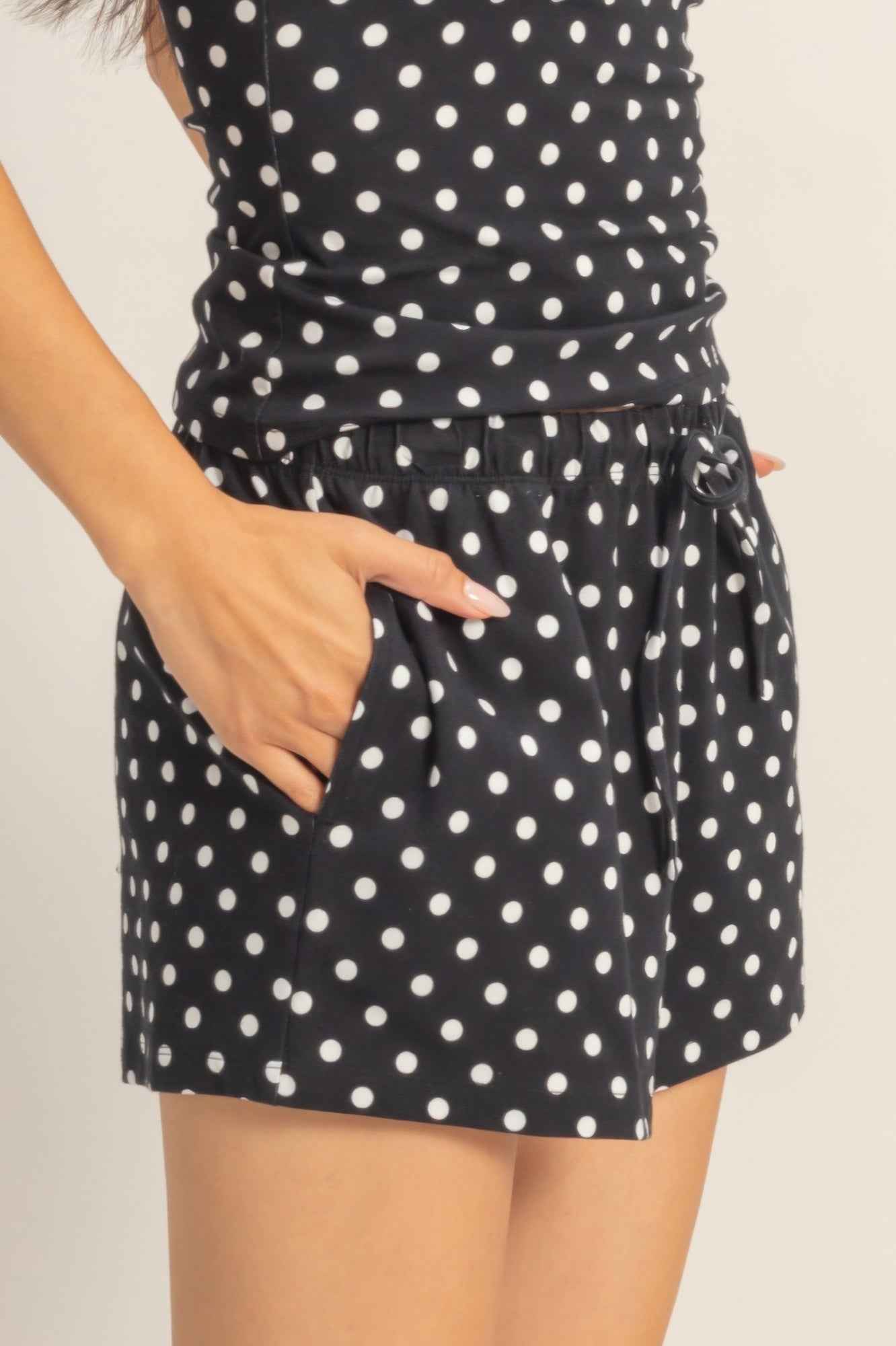 Polka Dot Drawstring Shorts - Elastic Waist Pocketed
