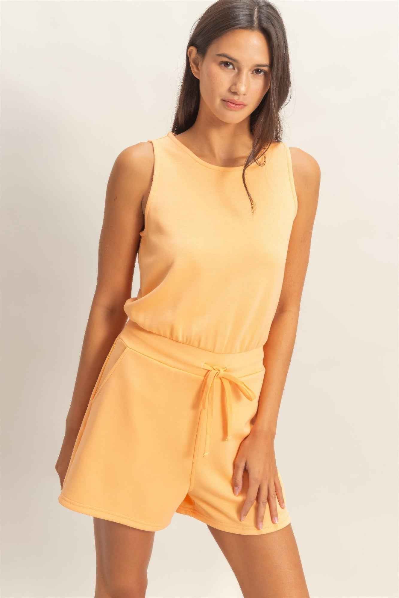 Sleeveless Drawstring Romper - Banded Waist Casual Fit