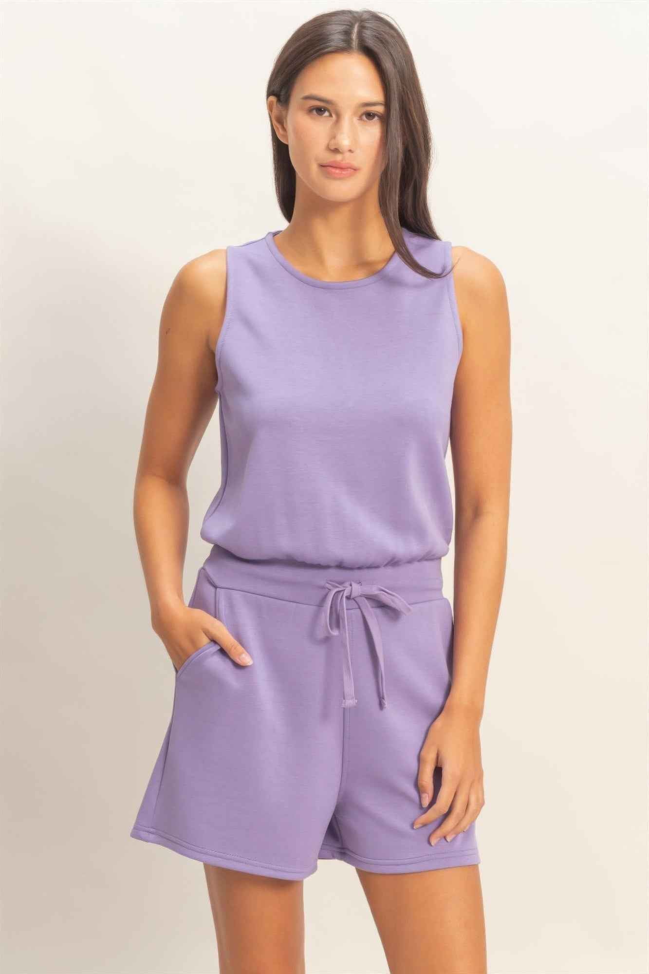 Sleeveless Drawstring Romper - Banded Waist Casual Fit