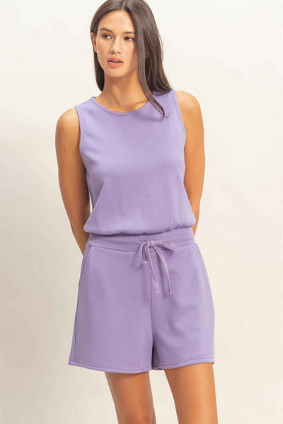Sleeveless Drawstring Romper - Banded Waist Casual Fit