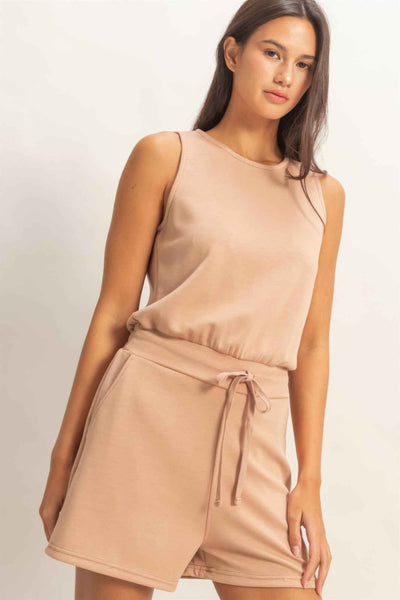 Sleeveless Drawstring Romper - Banded Waist Casual Fit