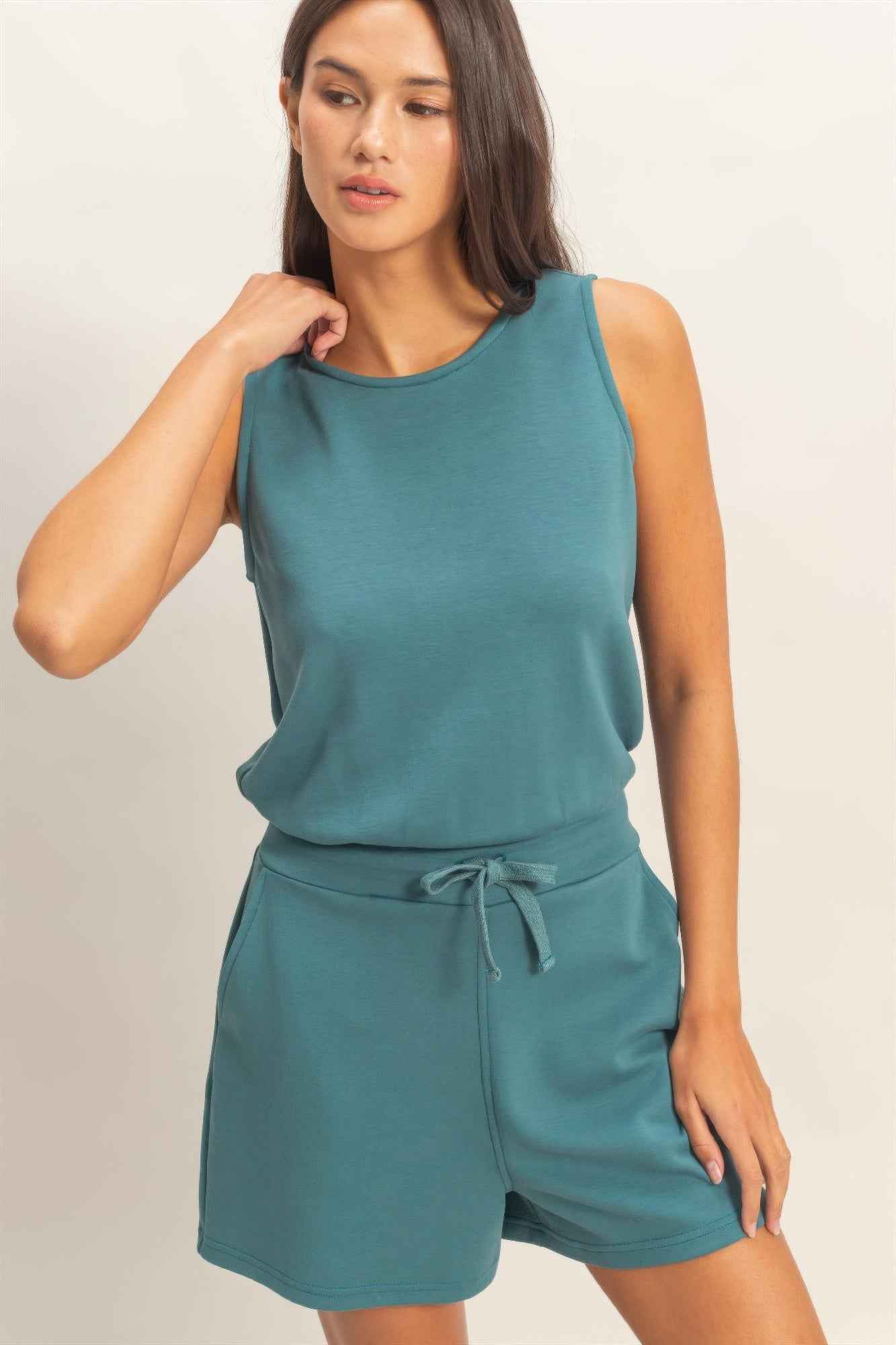 Sleeveless Drawstring Romper - Banded Waist Casual Fit