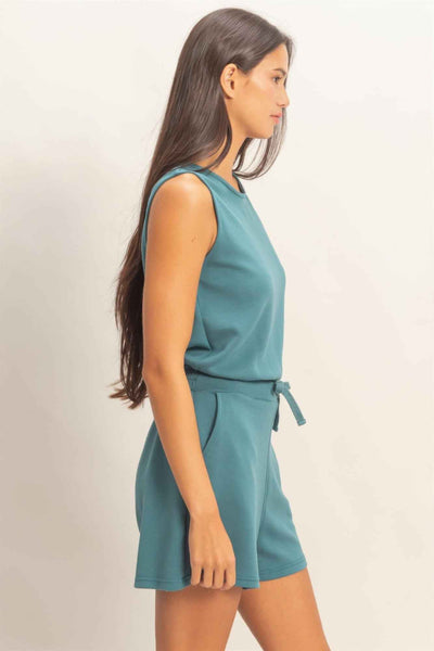 Sleeveless Drawstring Romper - Banded Waist Casual Fit