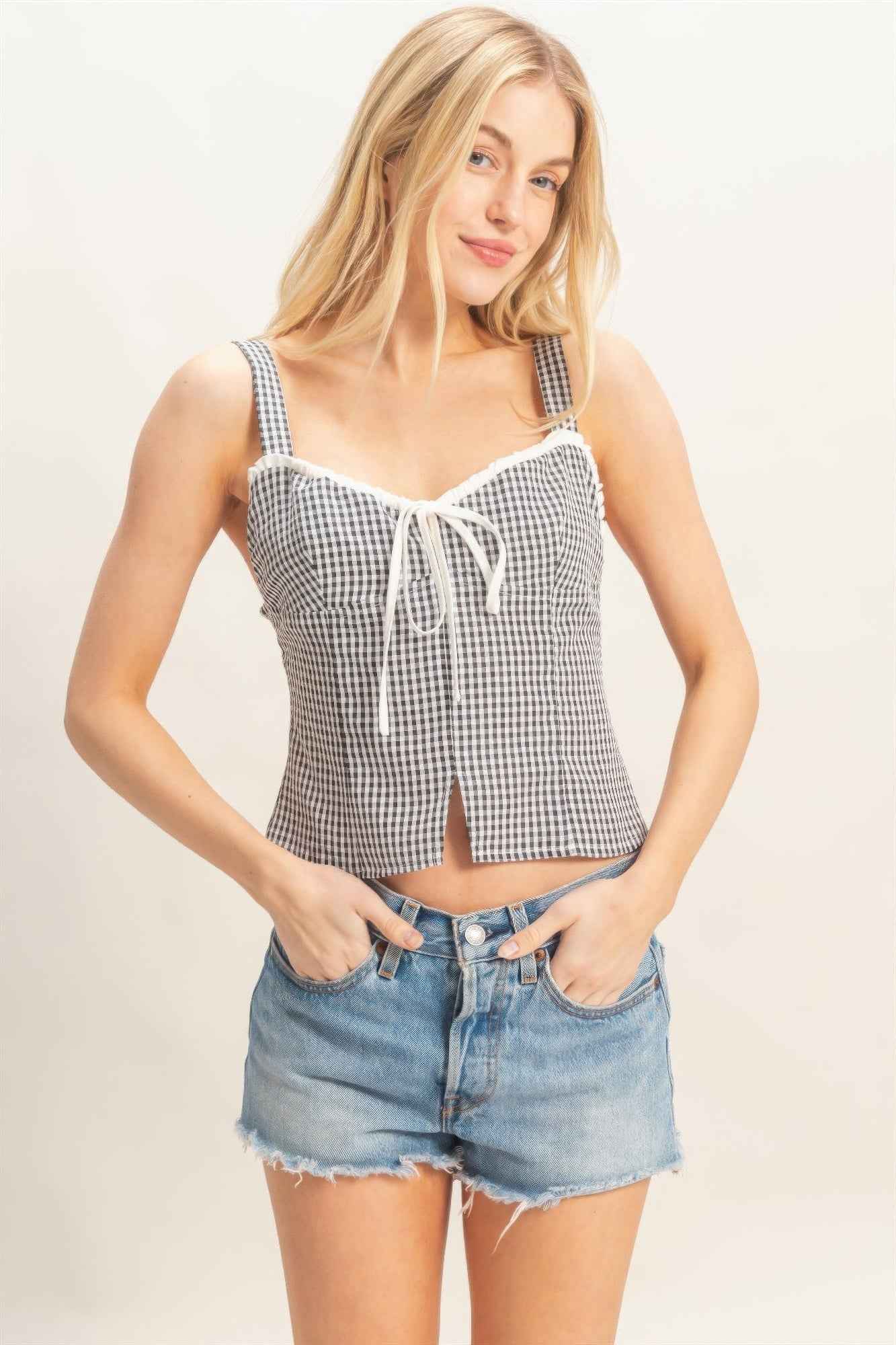 Gingham Tank Top - Sweetheart Neck Tie Front Knot