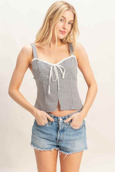 Gingham Tank Top - Sweetheart Neck Tie Front Knot