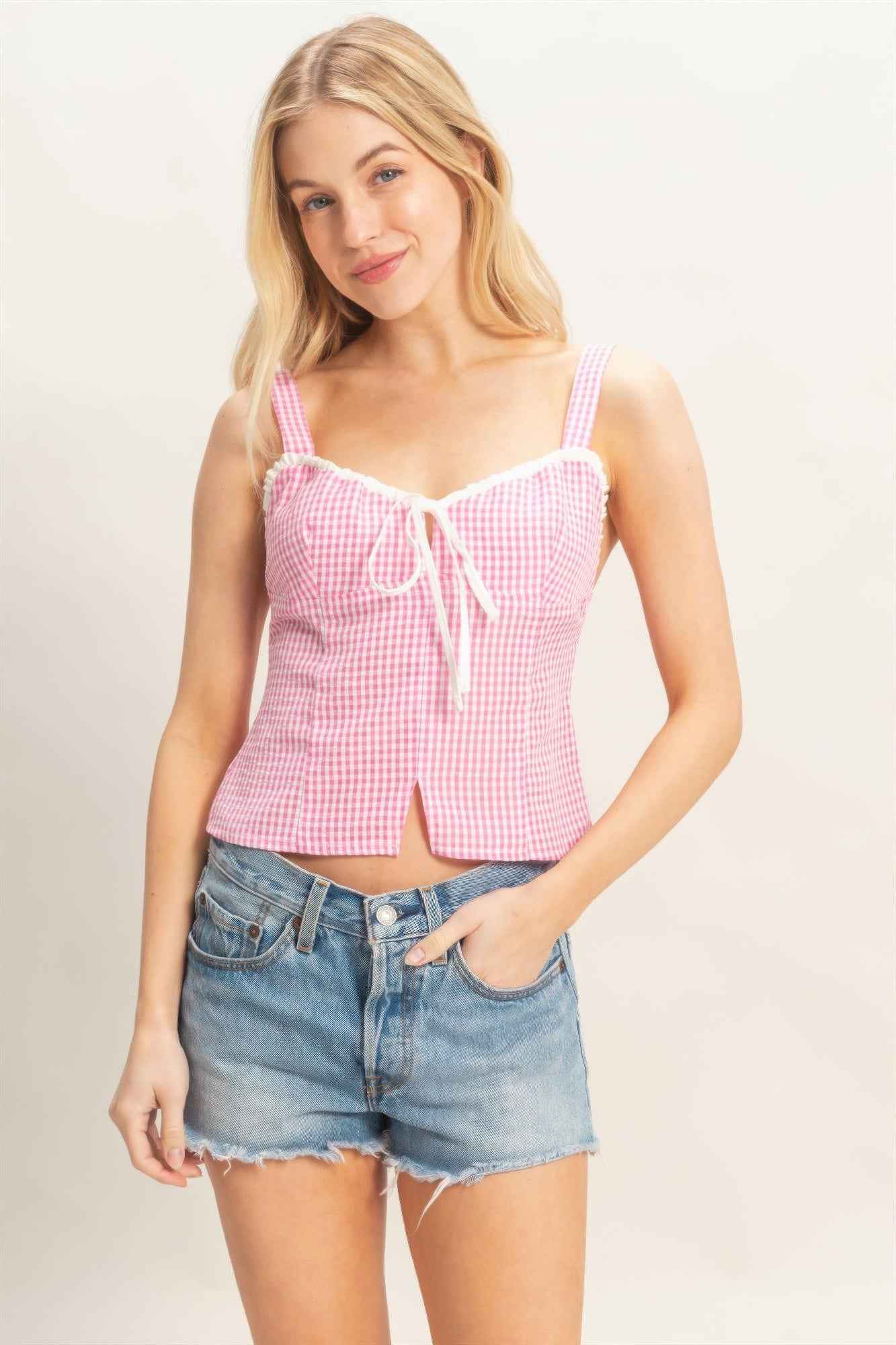 Gingham Tank Top - Sweetheart Neck Tie Front Knot