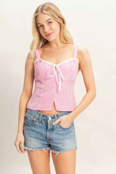 Gingham Tank Top - Sweetheart Neck Tie Front Knot