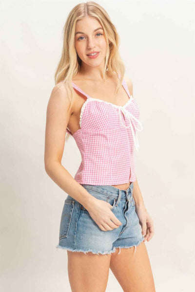 Gingham Tank Top - Sweetheart Neck Tie Front Knot
