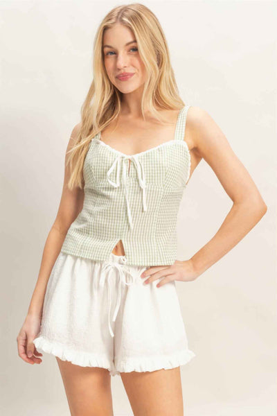 Gingham Tank Top - Sweetheart Neck Tie Front Knot