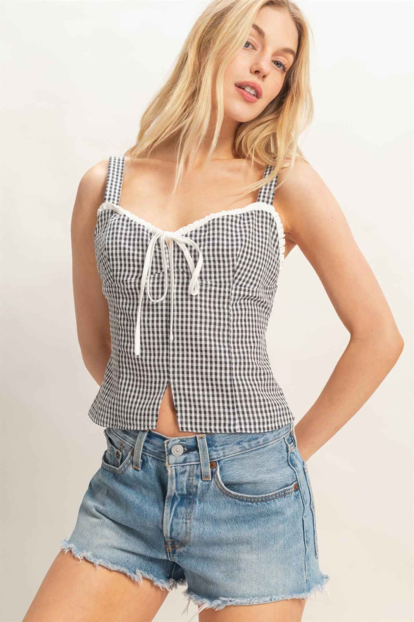 Gingham Tank Top - Sweetheart Neck Tie Front Knot
