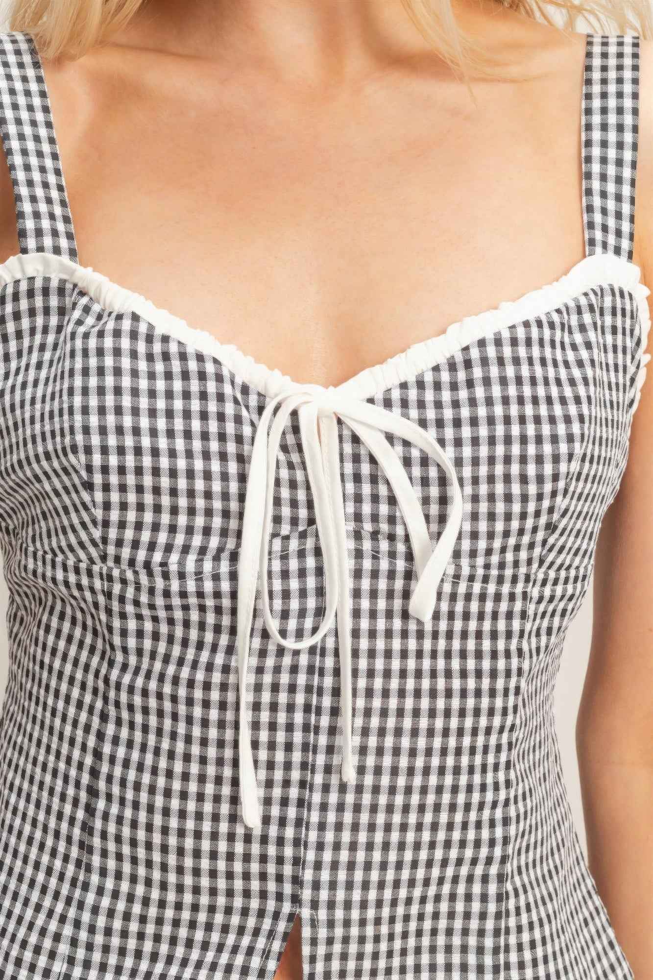 Gingham Tank Top - Sweetheart Neck Tie Front Knot