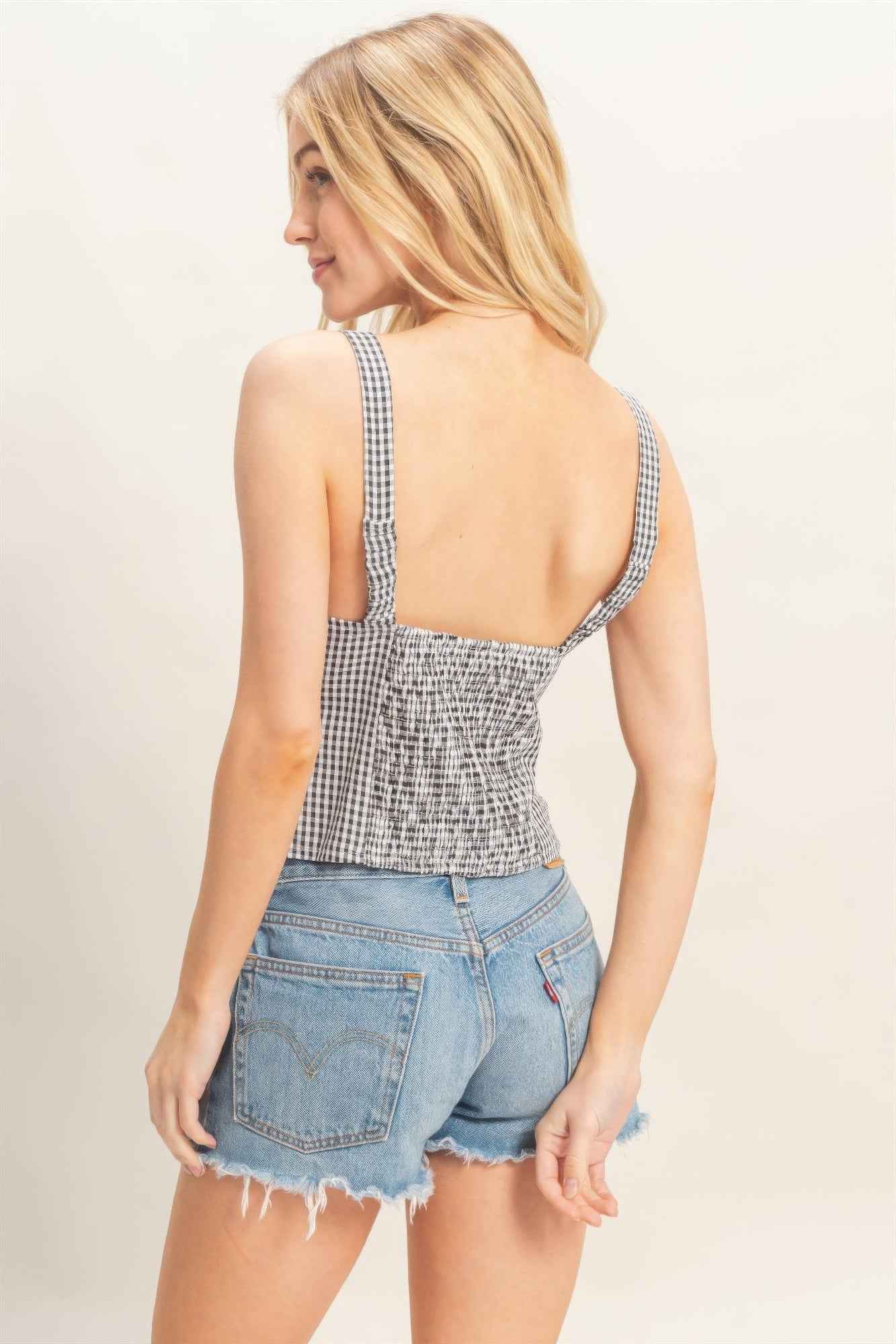 Gingham Tank Top - Sweetheart Neck Tie Front Knot