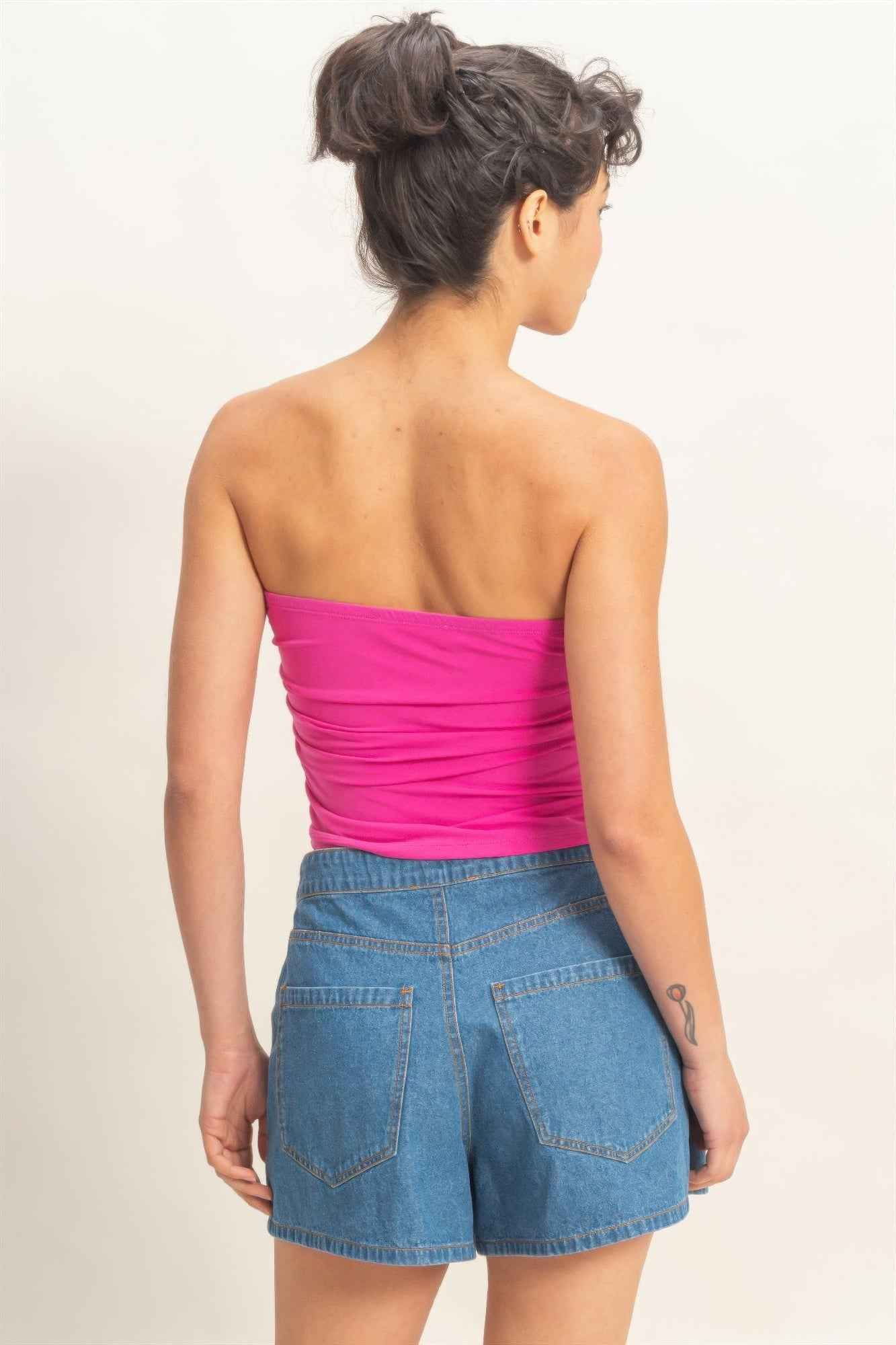 Ruched Bandeau Top - Strapless Gathered Bodice Crop