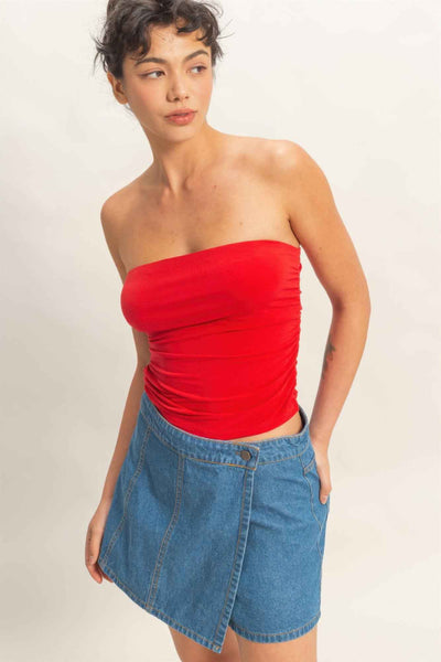 Ruched Bandeau Top - Strapless Gathered Bodice Crop