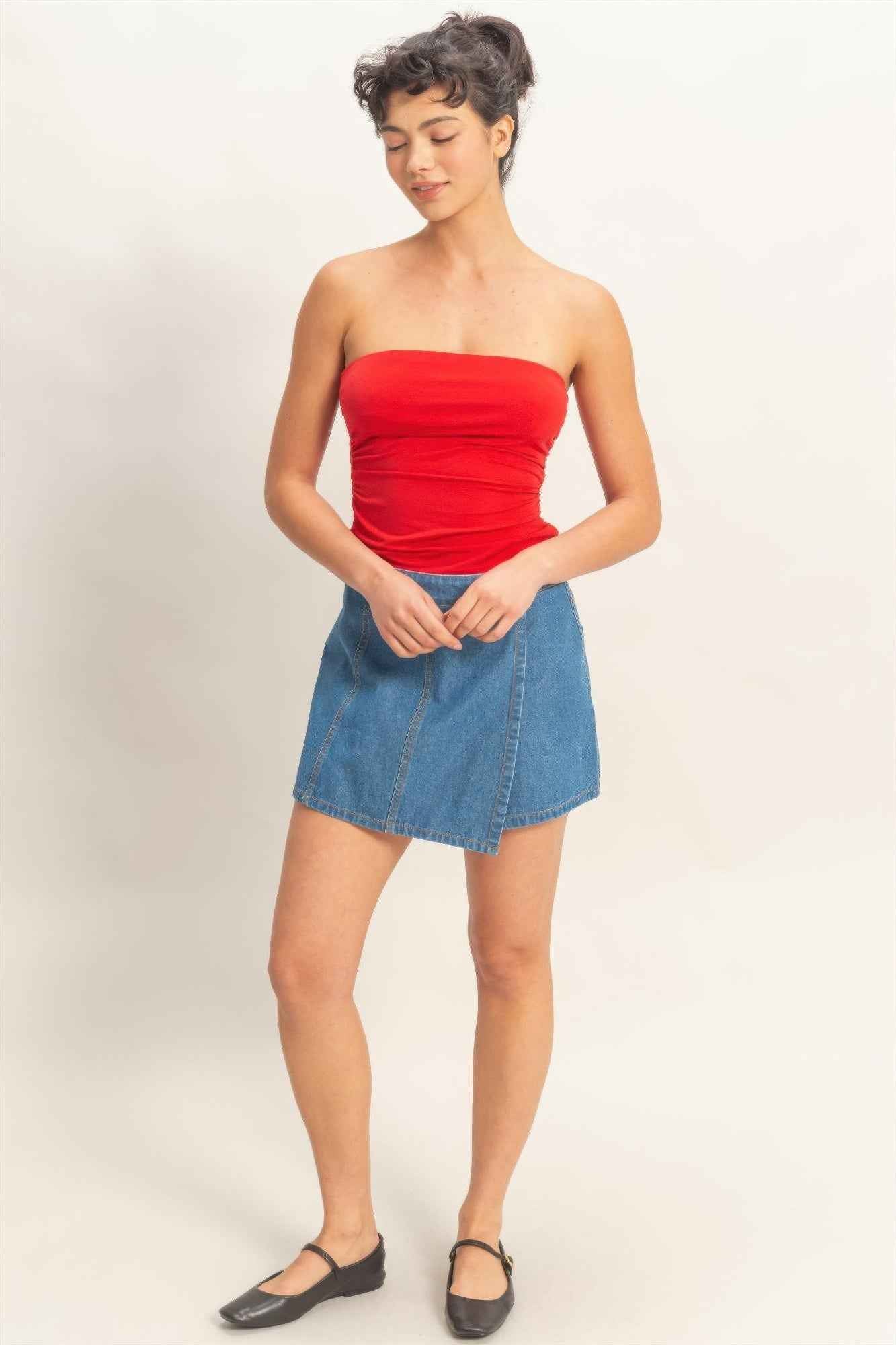 Ruched Bandeau Top - Strapless Gathered Bodice Crop