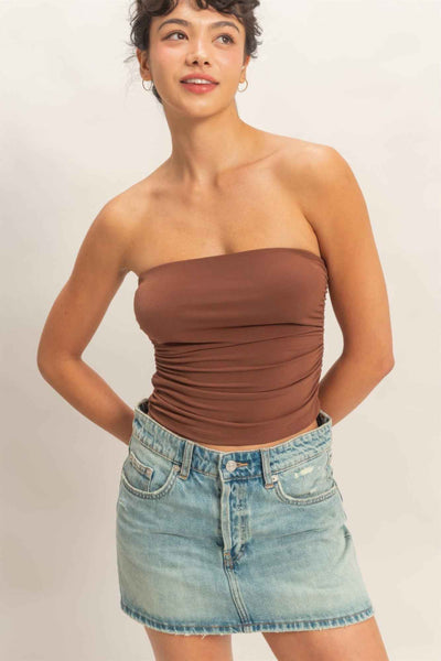 Ruched Bandeau Top - Strapless Gathered Bodice Crop
