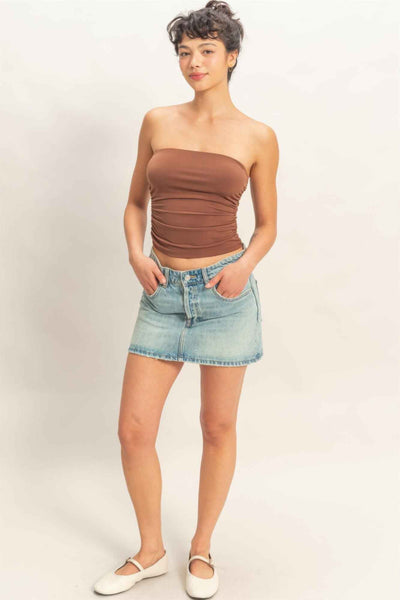 Ruched Bandeau Top - Strapless Gathered Bodice Crop