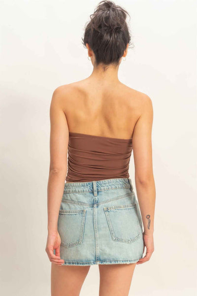 Ruched Bandeau Top - Strapless Gathered Bodice Crop