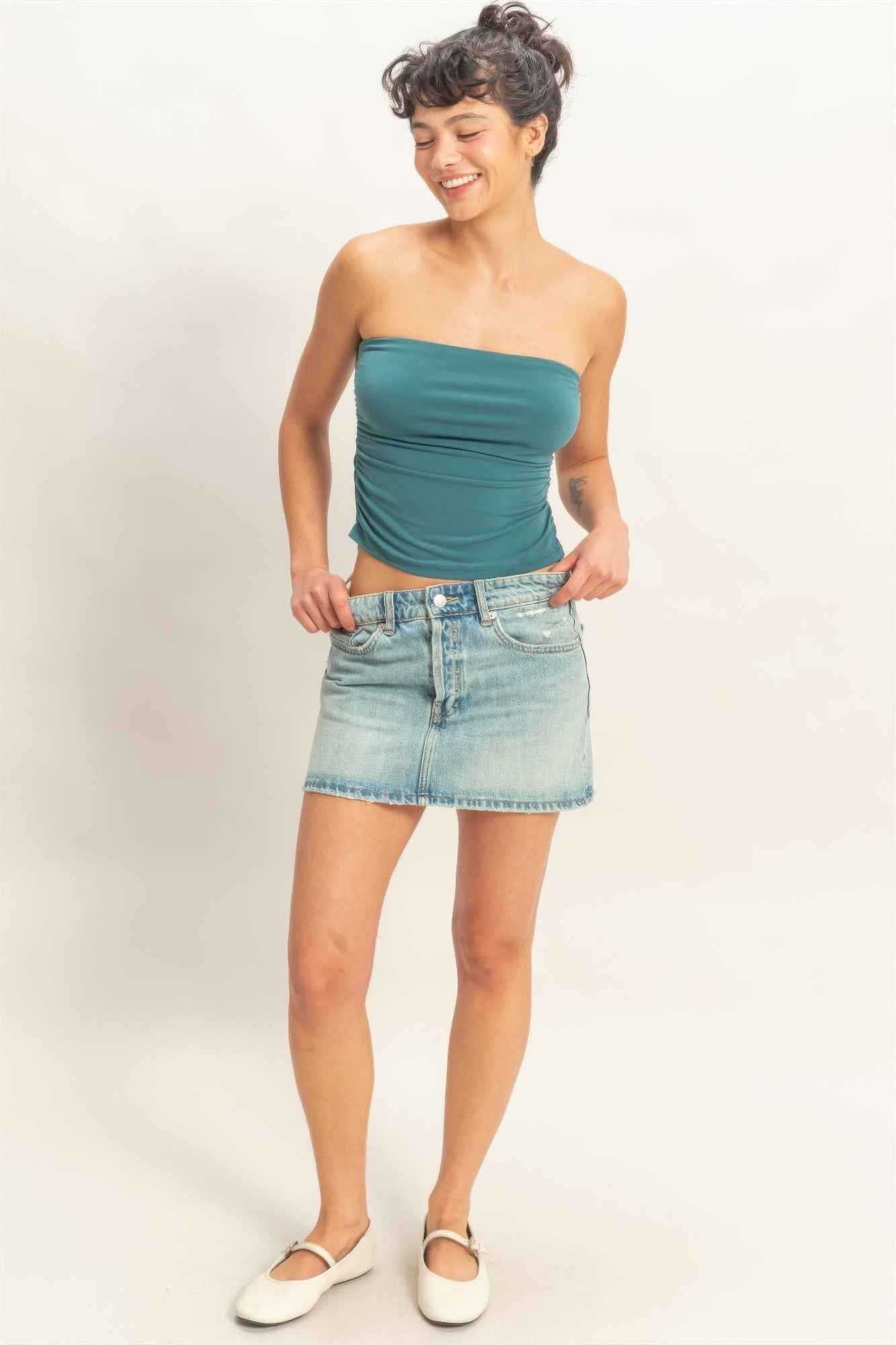 Ruched Bandeau Top - Strapless Gathered Bodice Crop