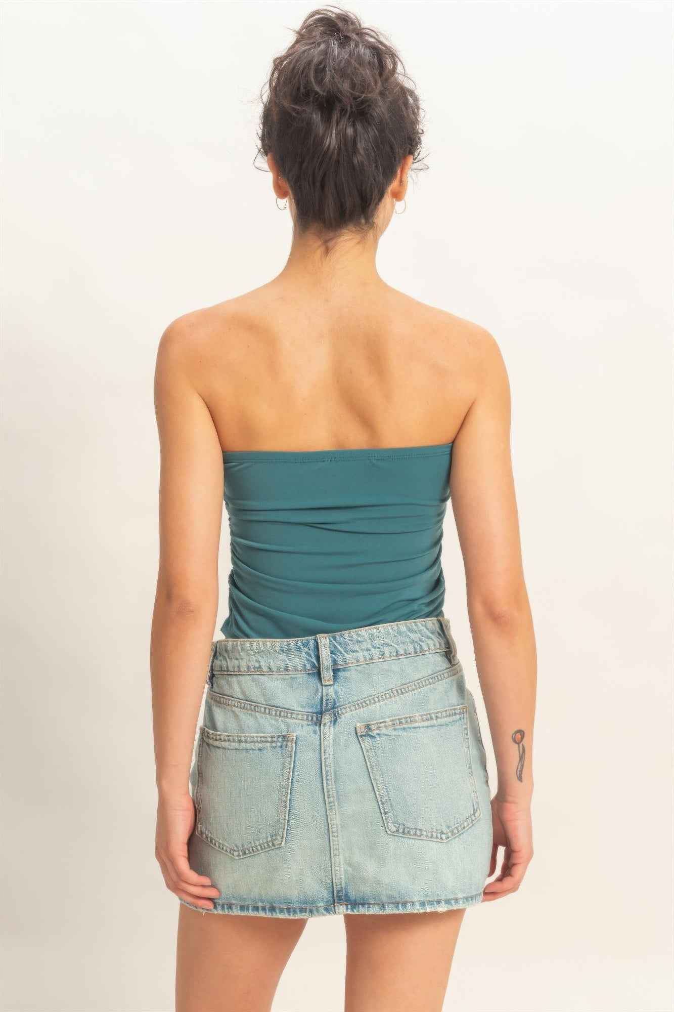 Ruched Bandeau Top - Strapless Gathered Bodice Crop