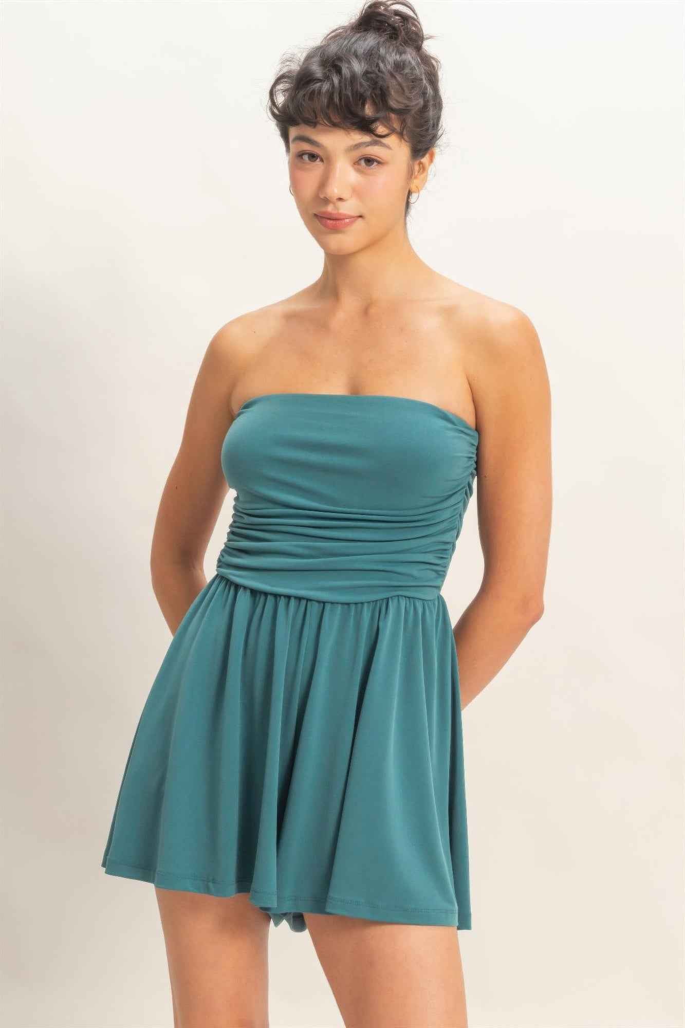 Strapless Shirred Waist Romper - Hidden Pocket Shorts