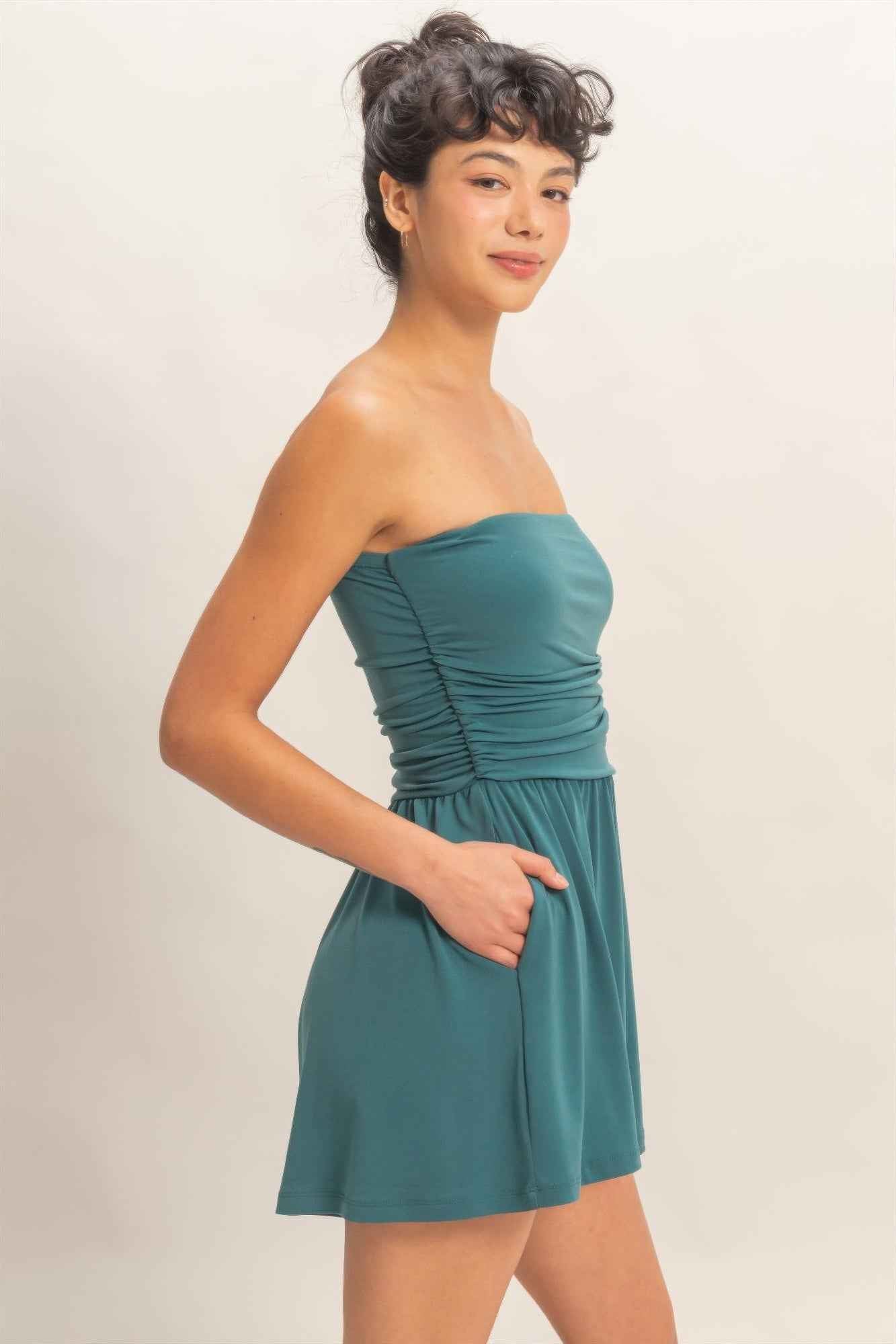 Strapless Shirred Waist Romper - Hidden Pocket Shorts