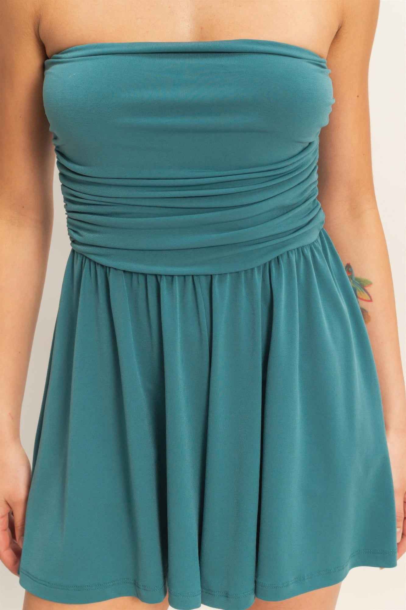 Strapless Shirred Waist Romper - Hidden Pocket Shorts