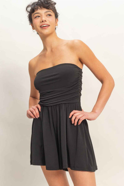 Strapless Shirred Waist Romper - Hidden Pocket Shorts