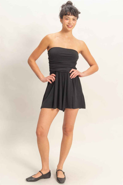 Strapless Shirred Waist Romper - Hidden Pocket Shorts