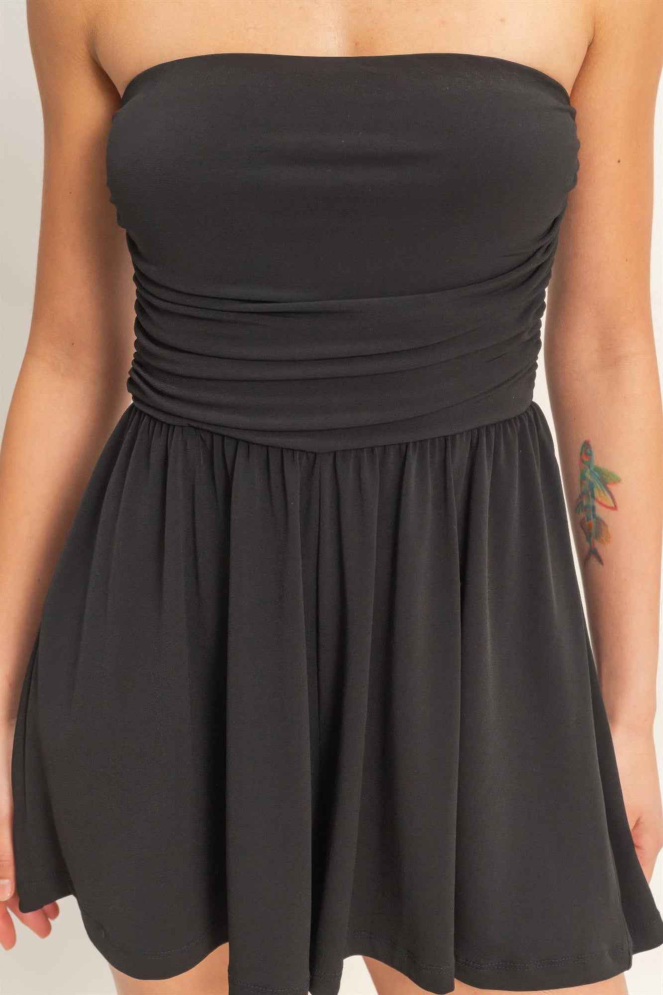 Strapless Shirred Waist Romper - Hidden Pocket Shorts