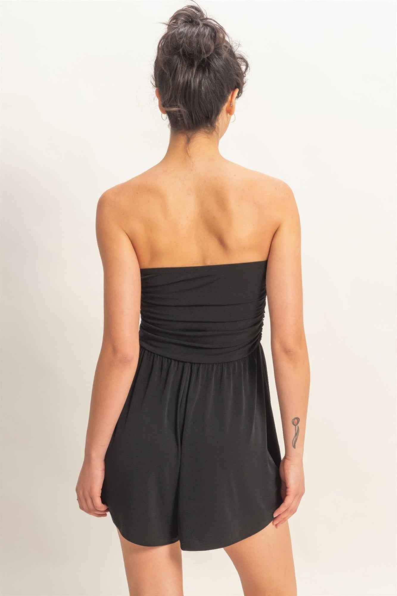 Strapless Shirred Waist Romper - Hidden Pocket Shorts