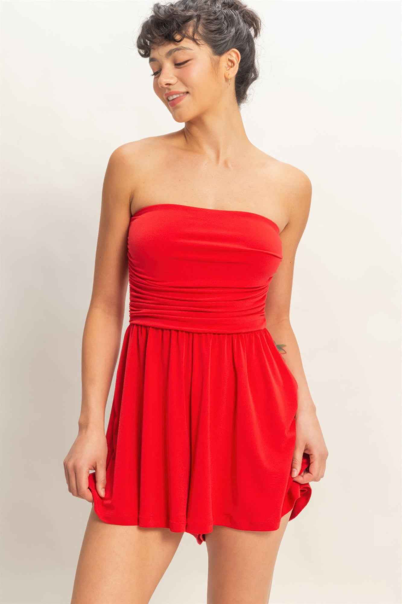 Strapless Shirred Waist Romper - Hidden Pocket Shorts