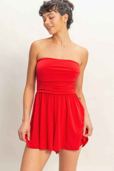 Strapless Shirred Waist Romper - Hidden Pocket Shorts